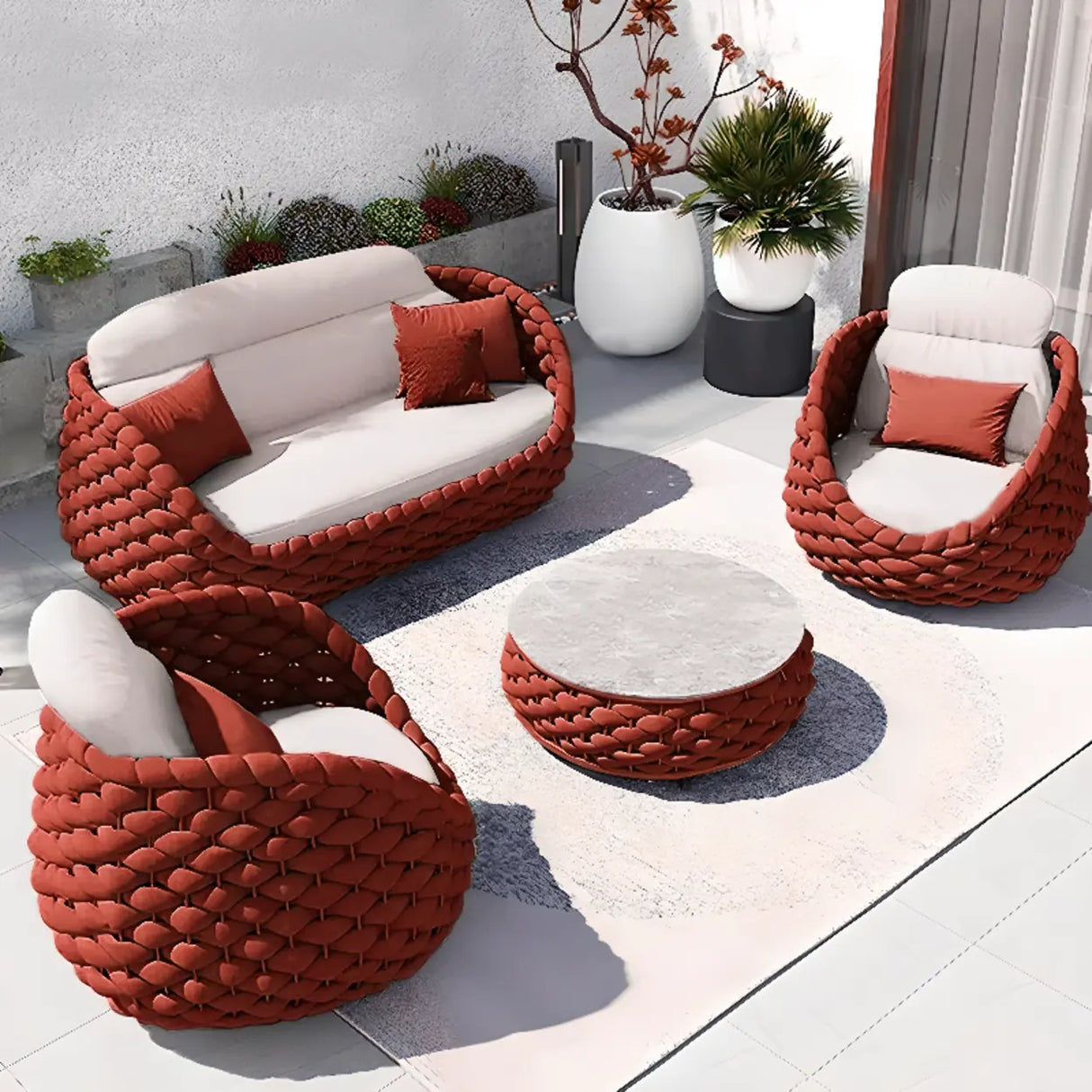 Round Wicker UV Resistant Gray Upholstered Patio Lounge Set Image - 5