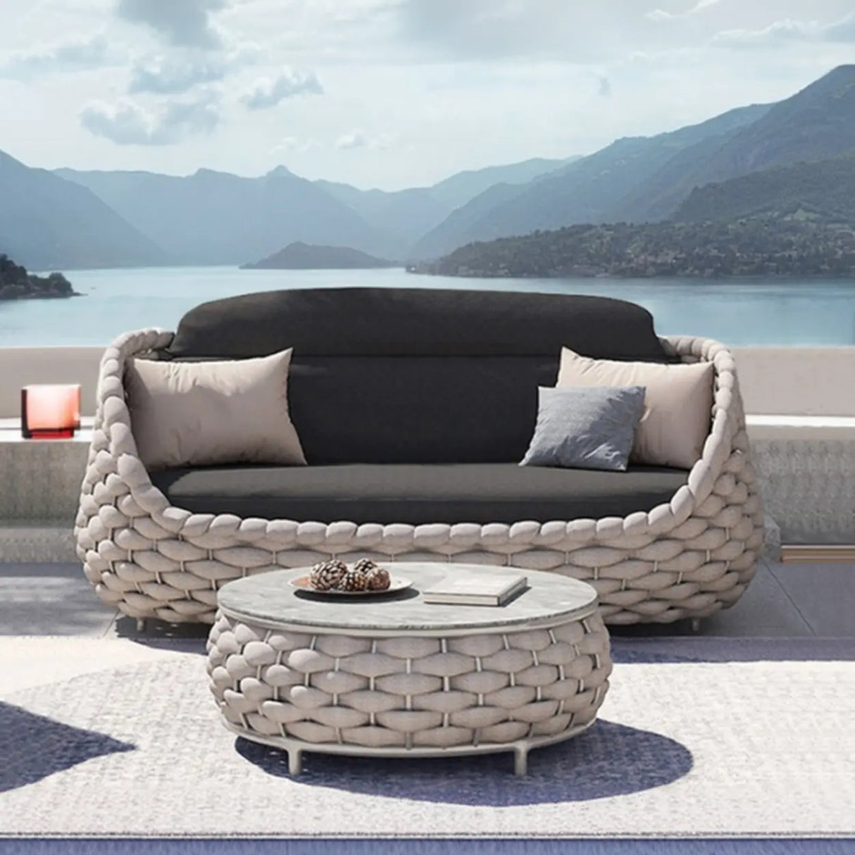 Round Wicker UV Resistant Gray Upholstered Patio Lounge Set Image - 7