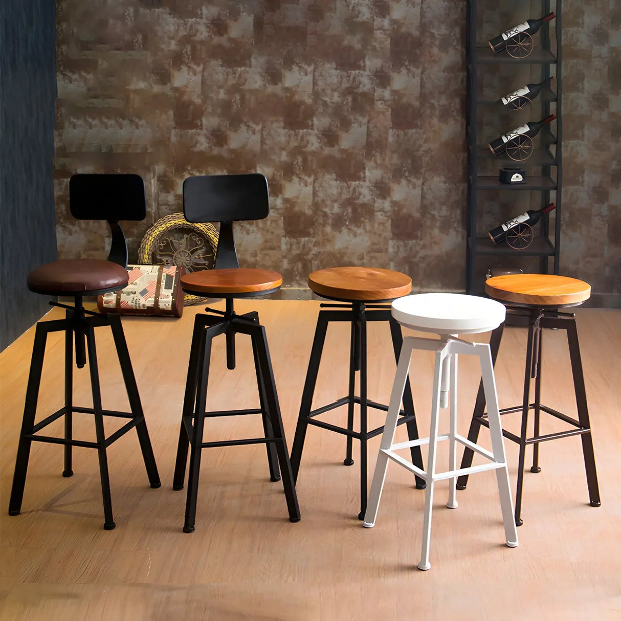 Round Wood Backless Metal Four Legs Counter Bar Stool Image - 1