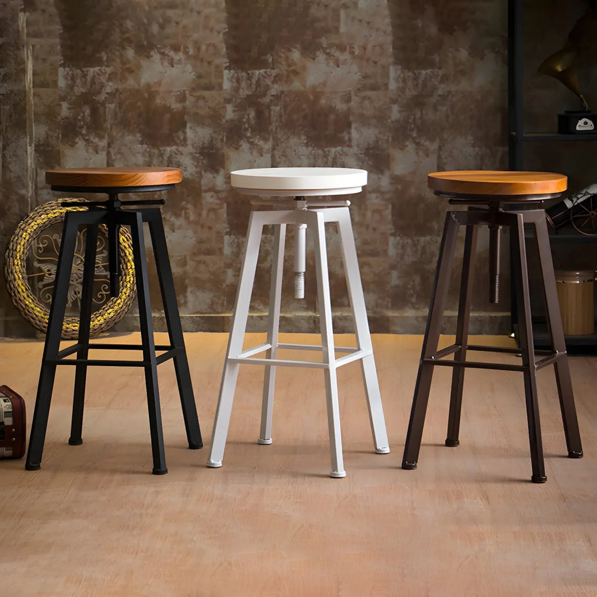 Round Wood Backless Metal Four Legs Counter Bar Stool Image - 18