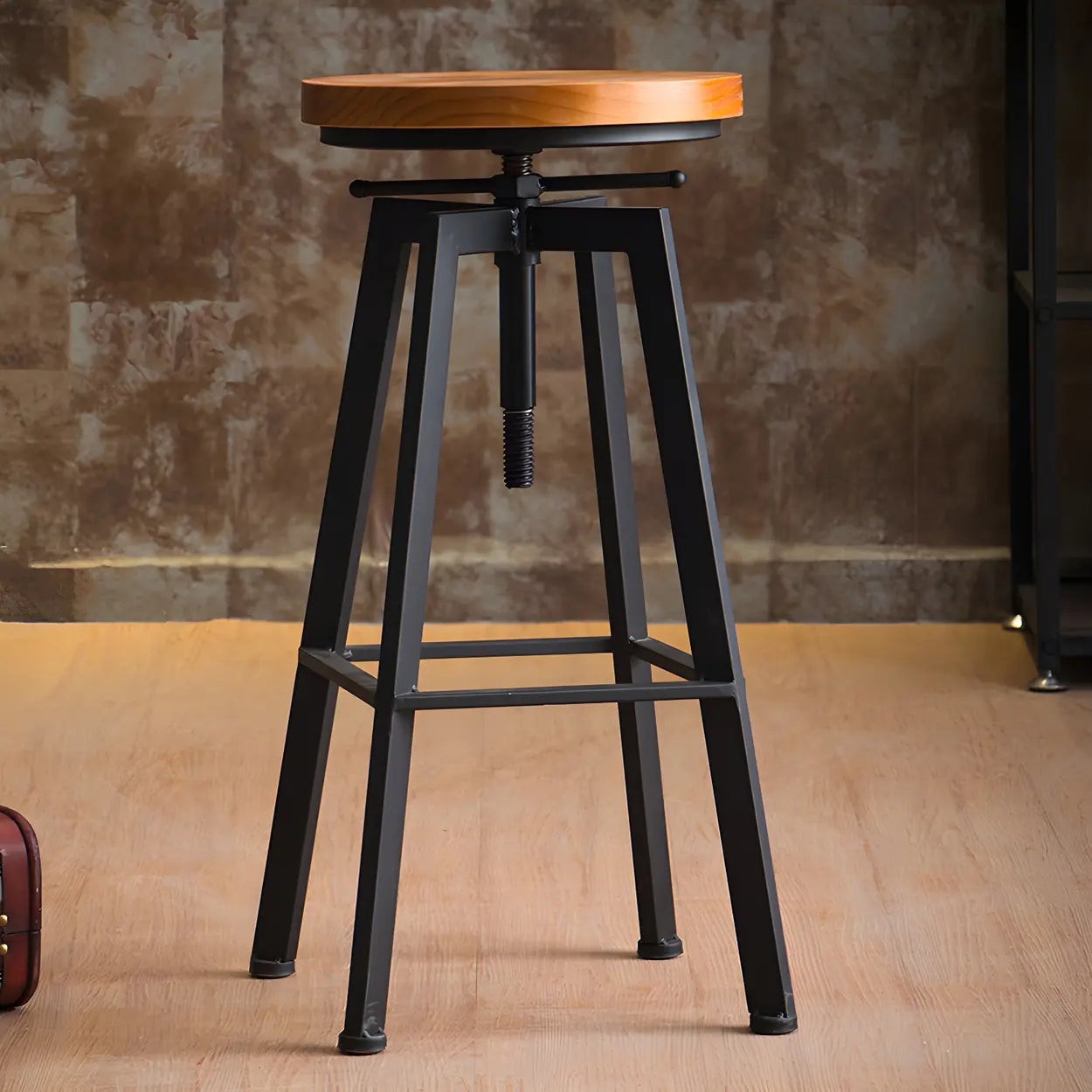 Round Wood Backless Metal Four Legs Counter Bar Stool Image - 21