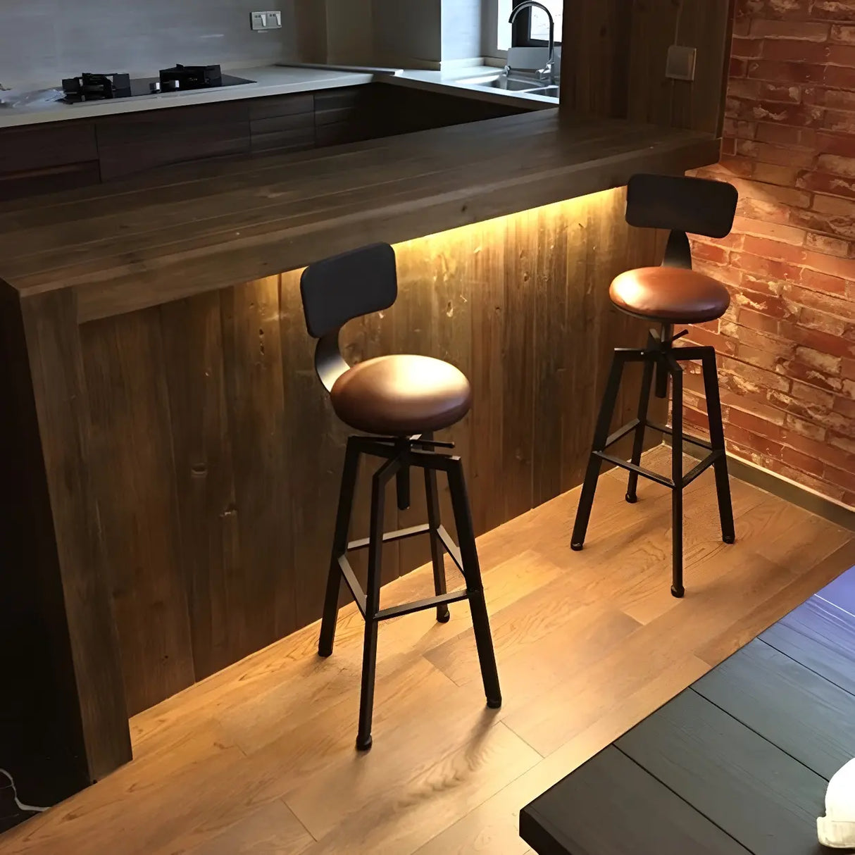 Round Wood Backless Metal Four Legs Counter Bar Stool Image - 22