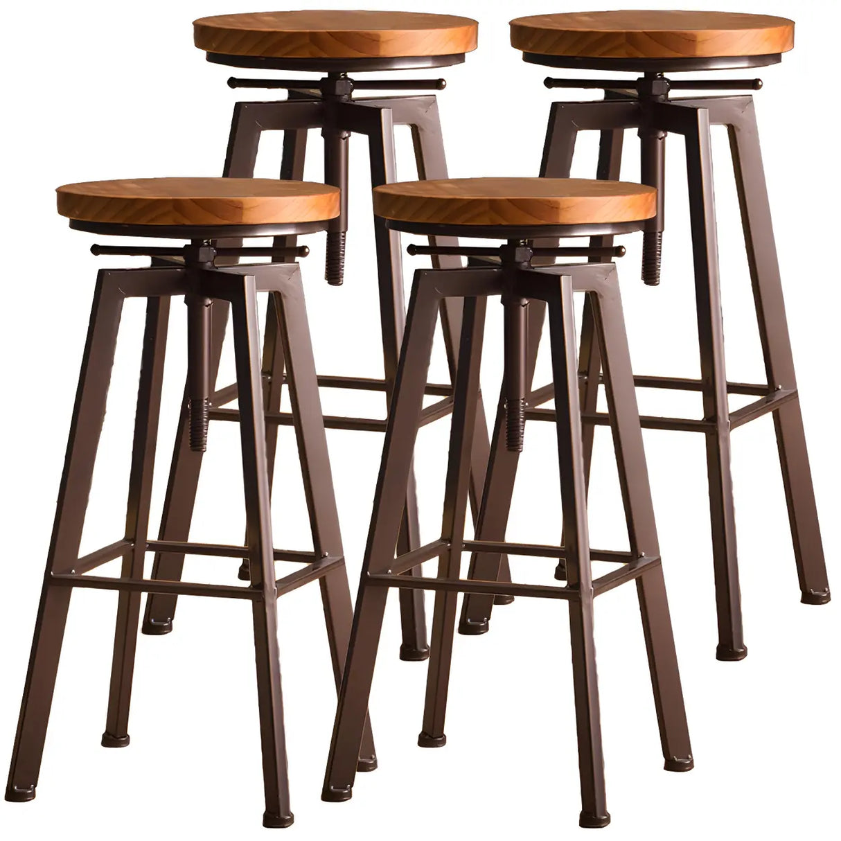 Round Wood Backless Metal Four Legs Counter Bar Stool Image - 7