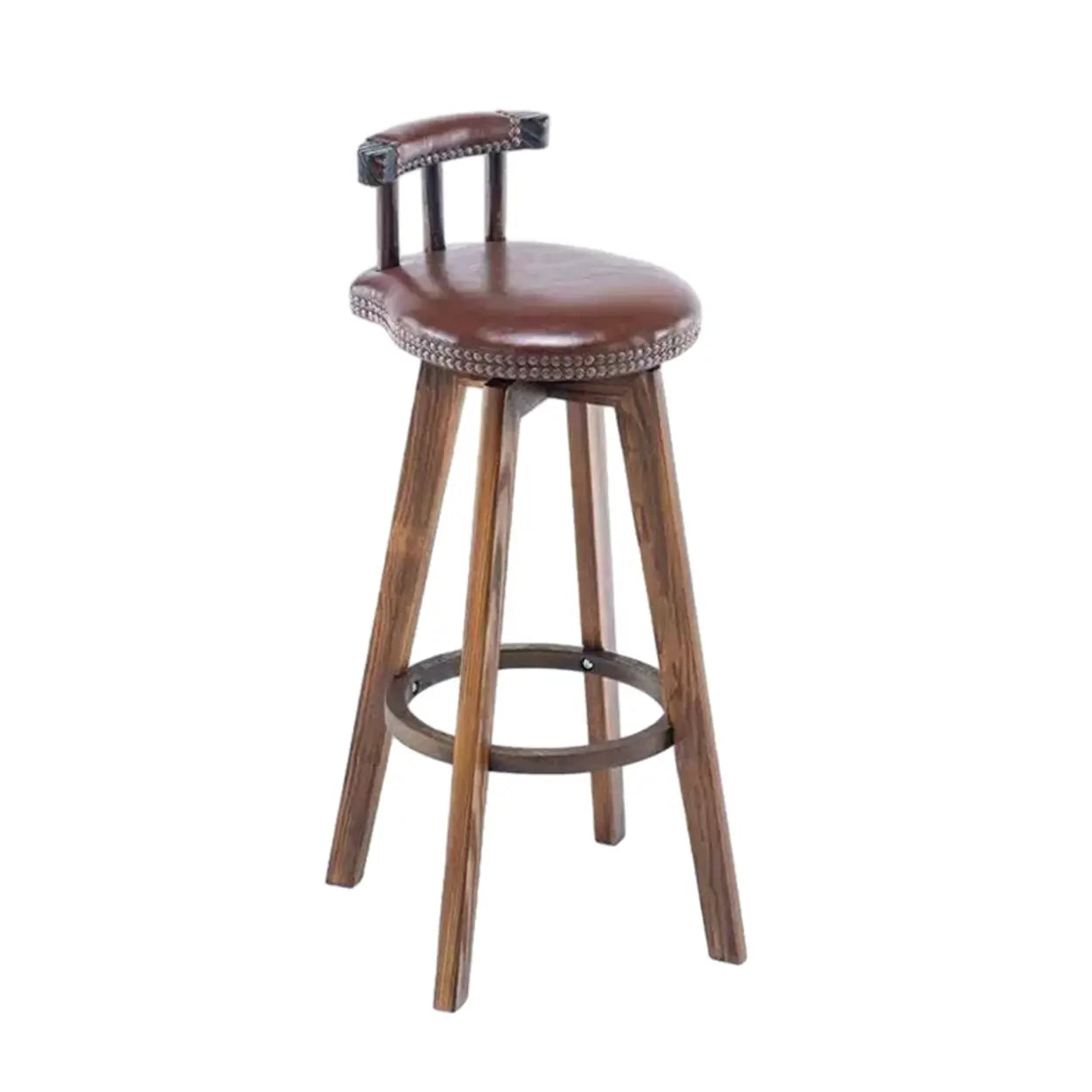 Round Wood Frame Faux Leather Backrest Pine Bar Stool Image - 15