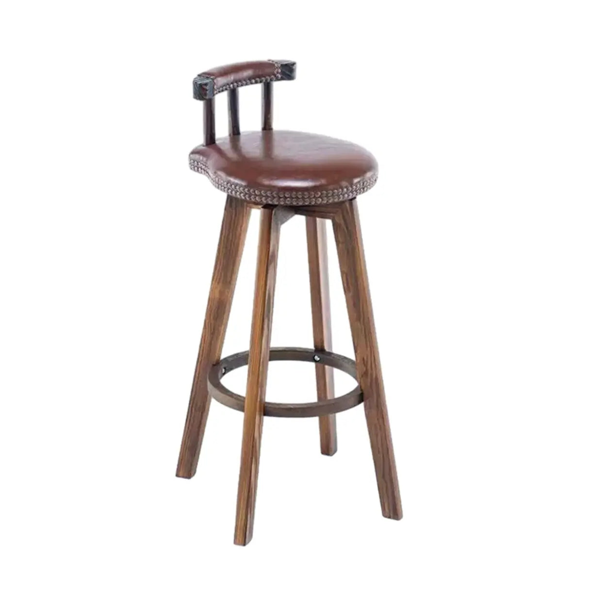 Round Wood Frame Faux Leather Backrest Pine Bar Stool Image - 15