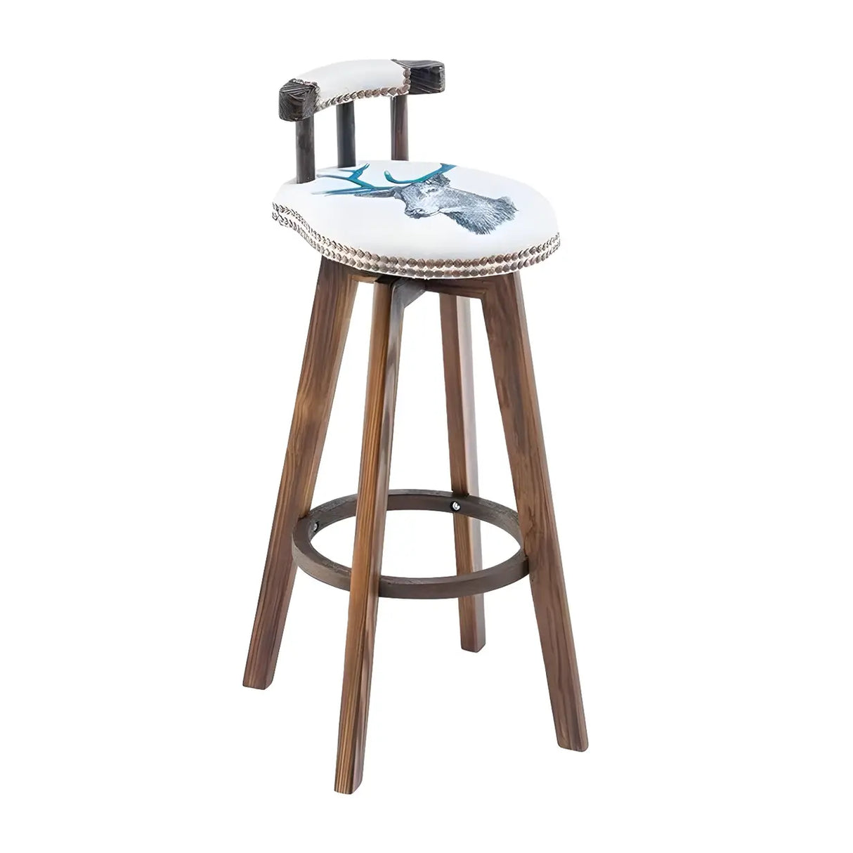 Round Wood Frame Faux Leather Backrest Pine Bar Stool Image - 21