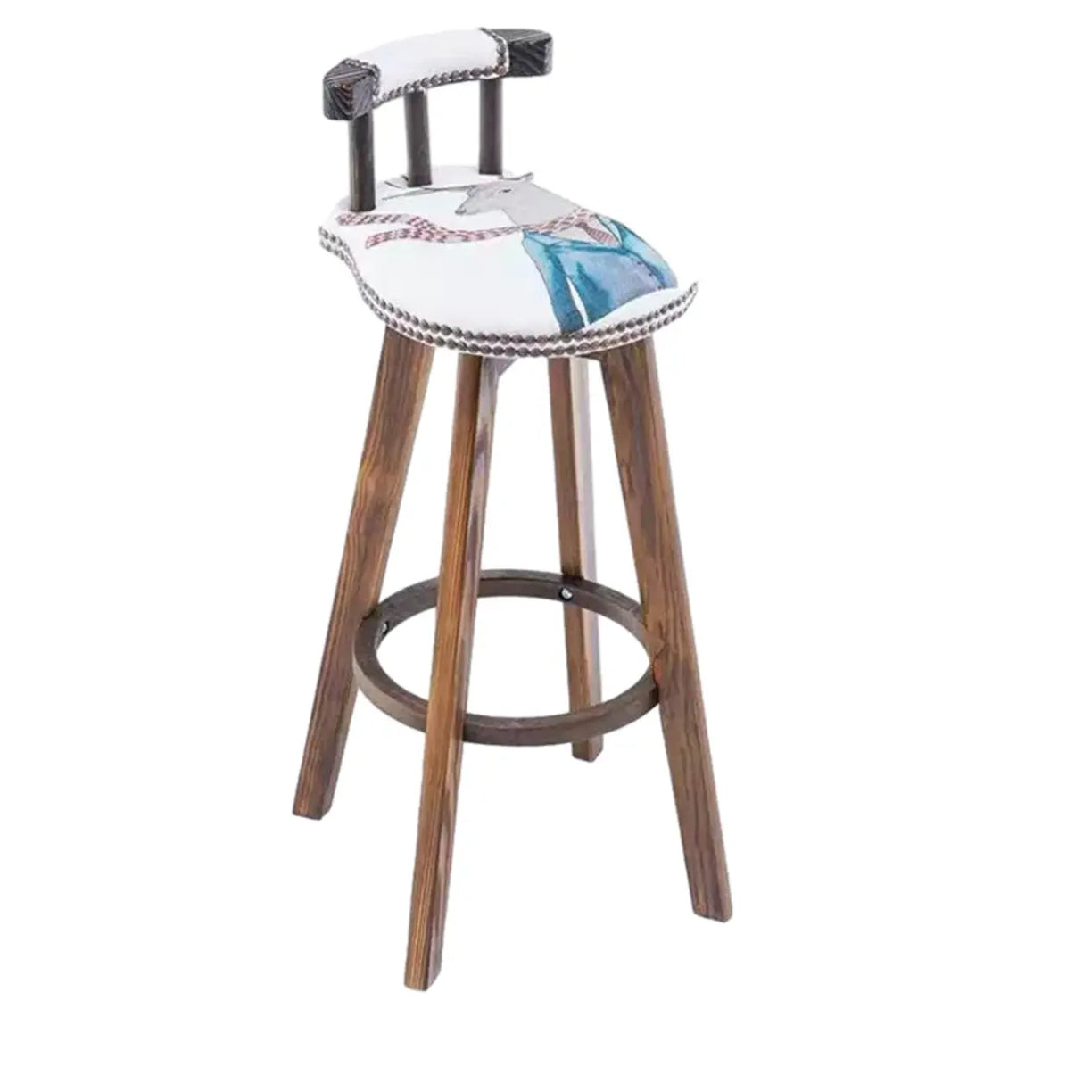 Round Wood Frame Faux Leather Backrest Pine Bar Stool Image - 3