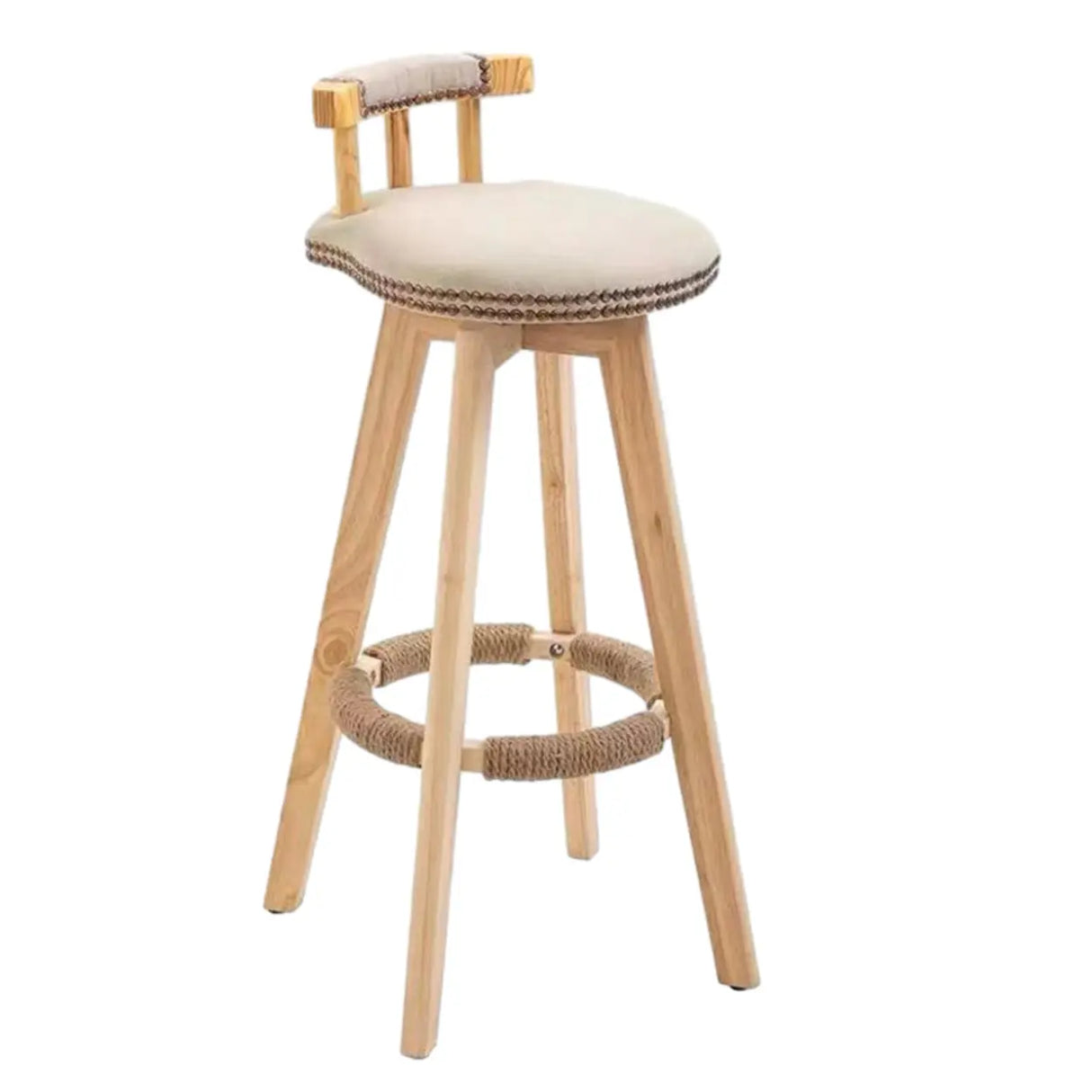 Round Wood Frame Faux Leather Backrest Pine Bar Stool Image - 31