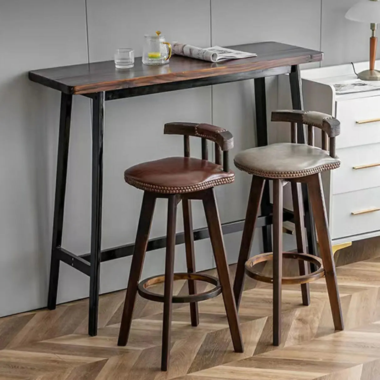 Round Wood Frame Faux Leather Backrest Pine Bar Stool Image - 4