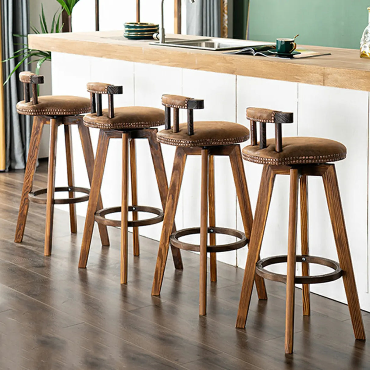 Round Wood Frame Faux Leather Backrest Pine Bar Stool Image - 6