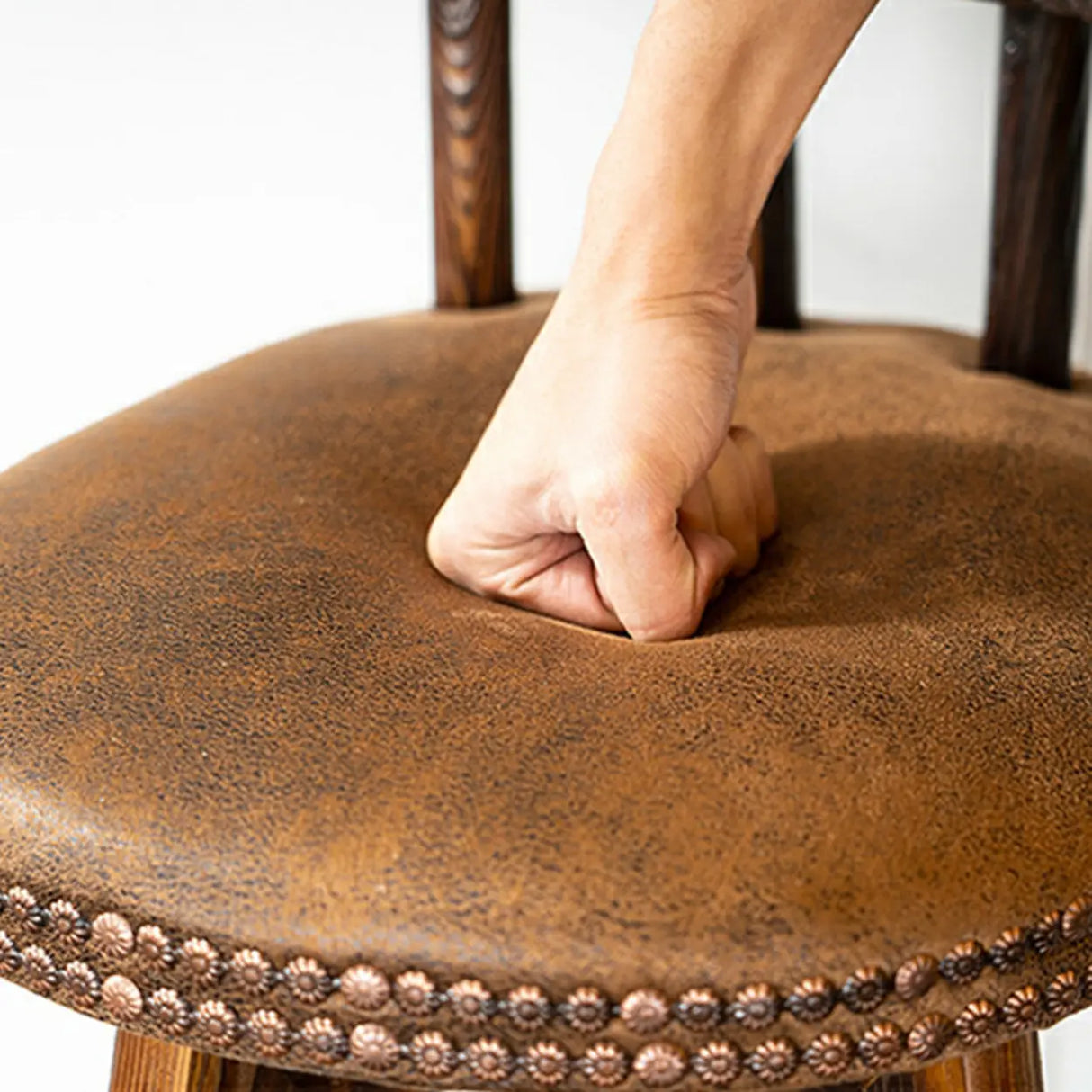 Round Wood Frame Faux Leather Backrest Pine Bar Stool Image - 8