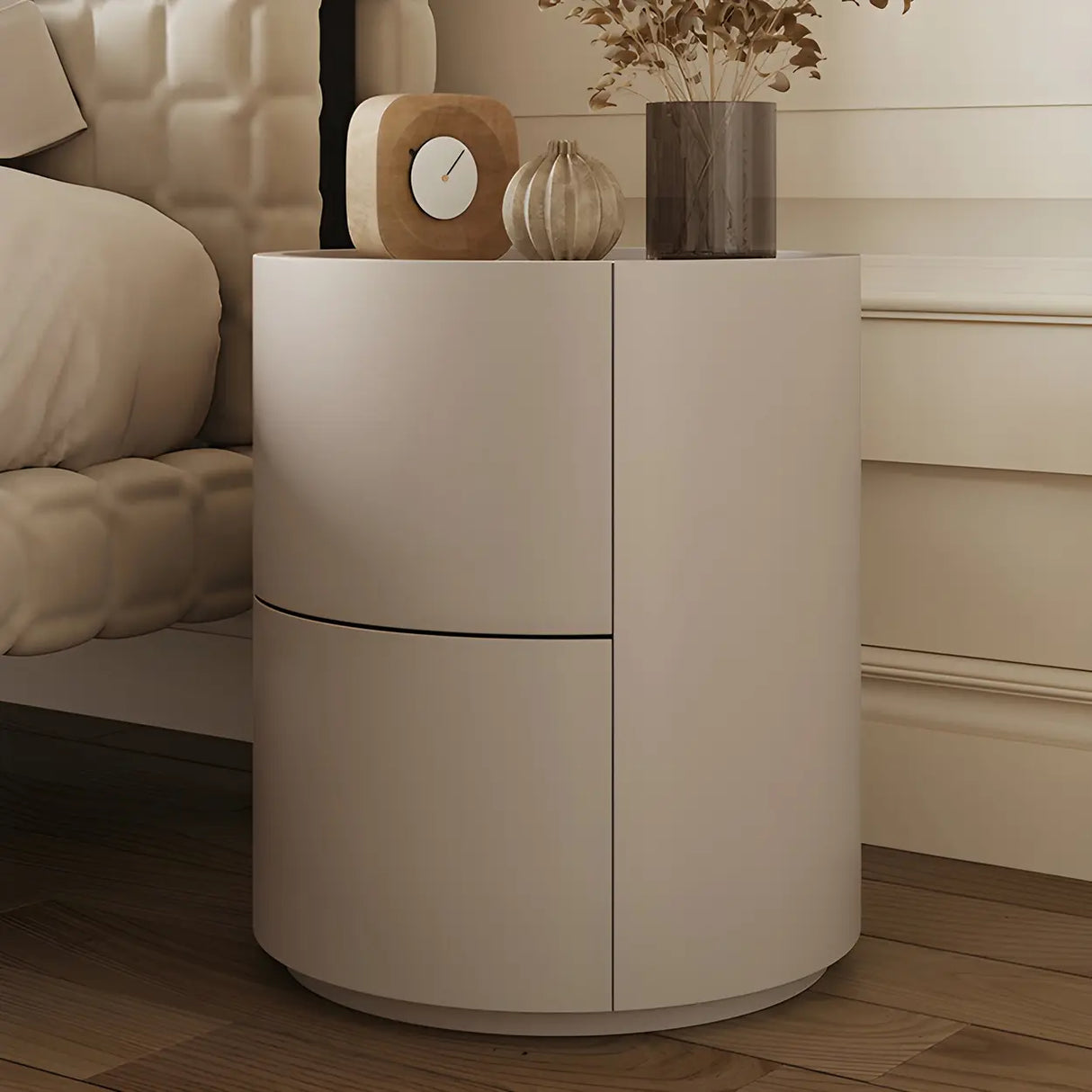 Round Wooden White Compact Nightstand with Drawers Image - 4