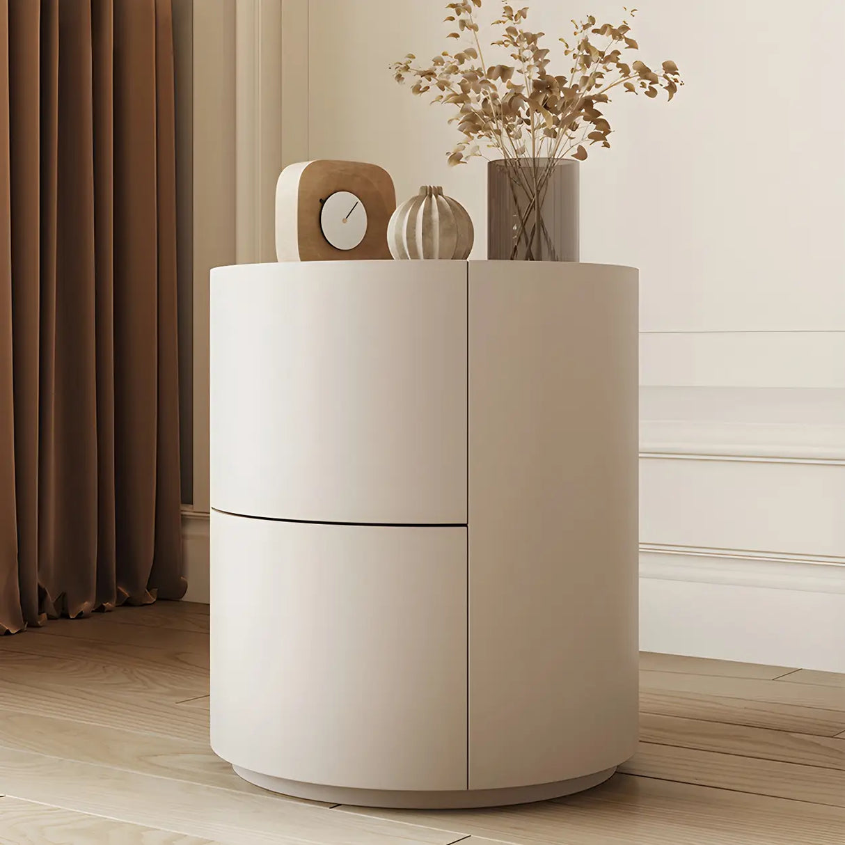 Round Wooden White Compact Nightstand with Drawers Image - 5