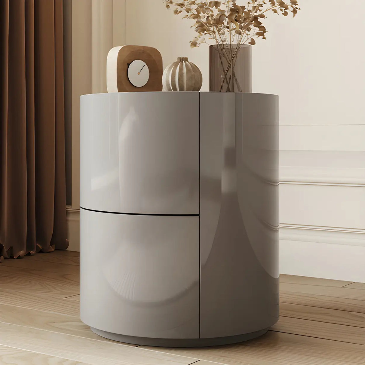 Round Wooden White Compact Nightstand with Drawers Image - 6