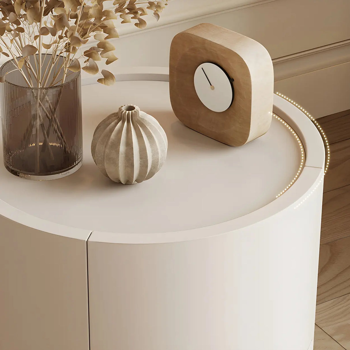 Round Wooden White Compact Nightstand with Drawers Image - 8