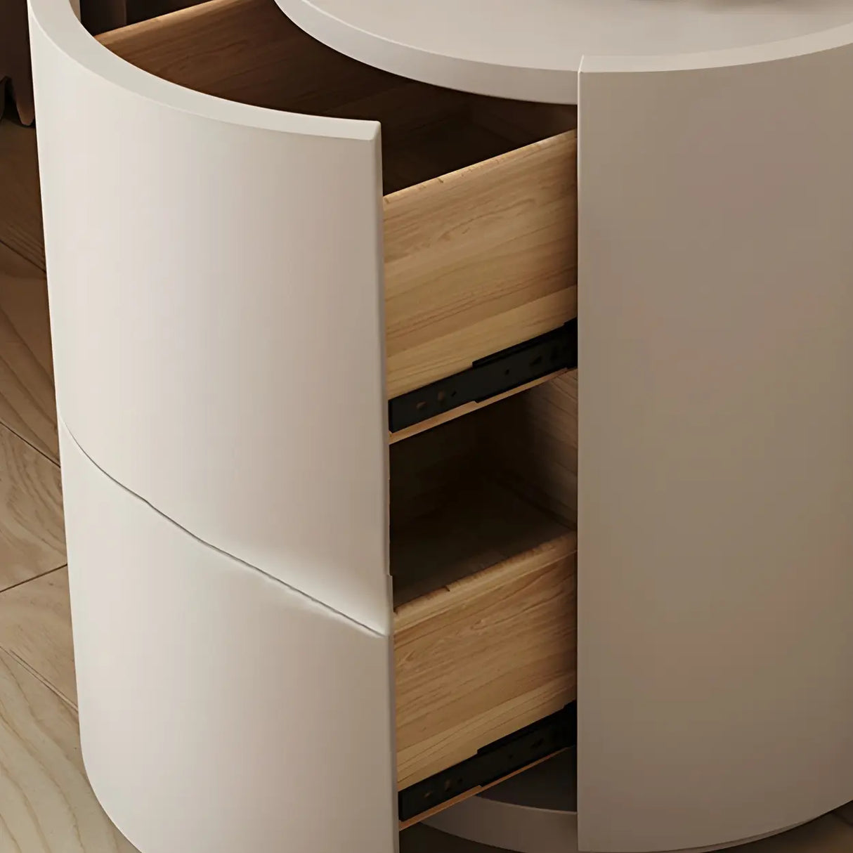 Round Wooden White Compact Nightstand with Drawers Image - 9