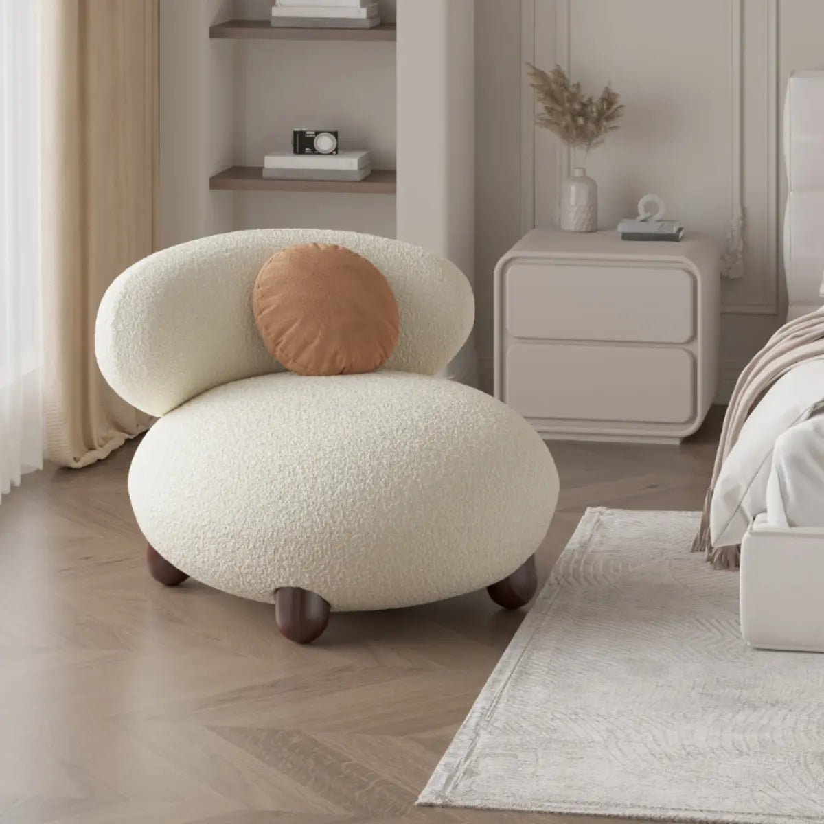 Rounded Beige Sherpa Four Legs Fixed Back Side Chair Image - 1