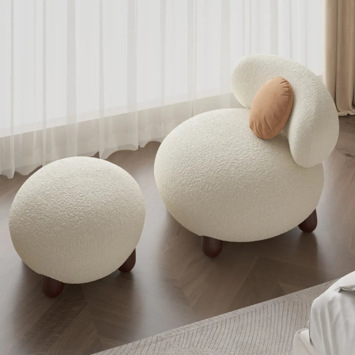 Rounded Beige Sherpa Four Legs Fixed Back Side Chair Image - 4