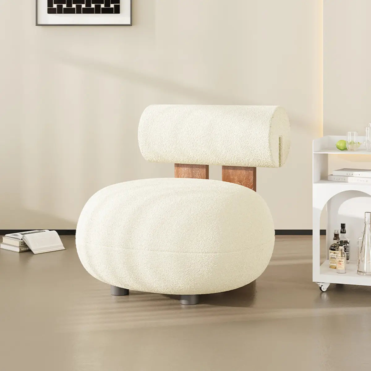 Rounded White Frosted Velvet Fixed Back Accent Chair Image - 2