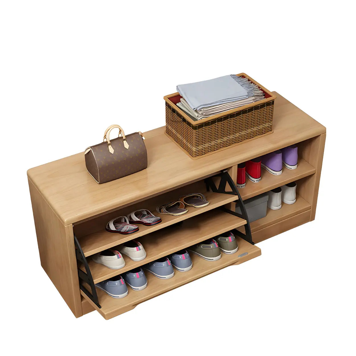Rubberwood Linen Blend Entryway Bench with Shoe Storage Image - 11