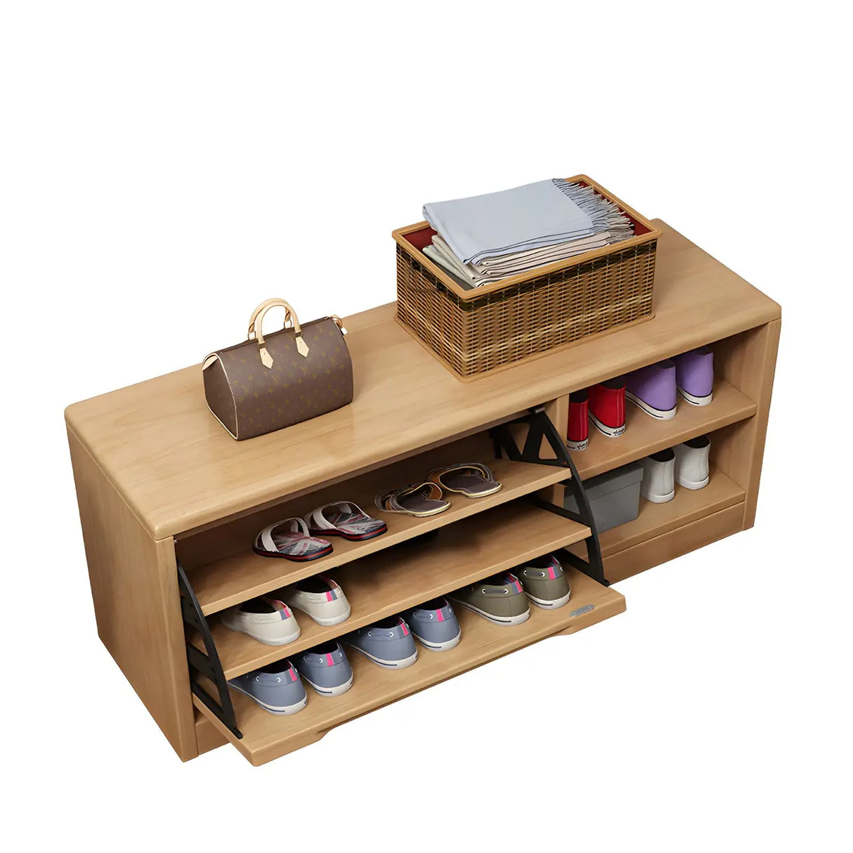 Rubberwood Linen Blend Entryway Bench with Shoe Storage Image - 11