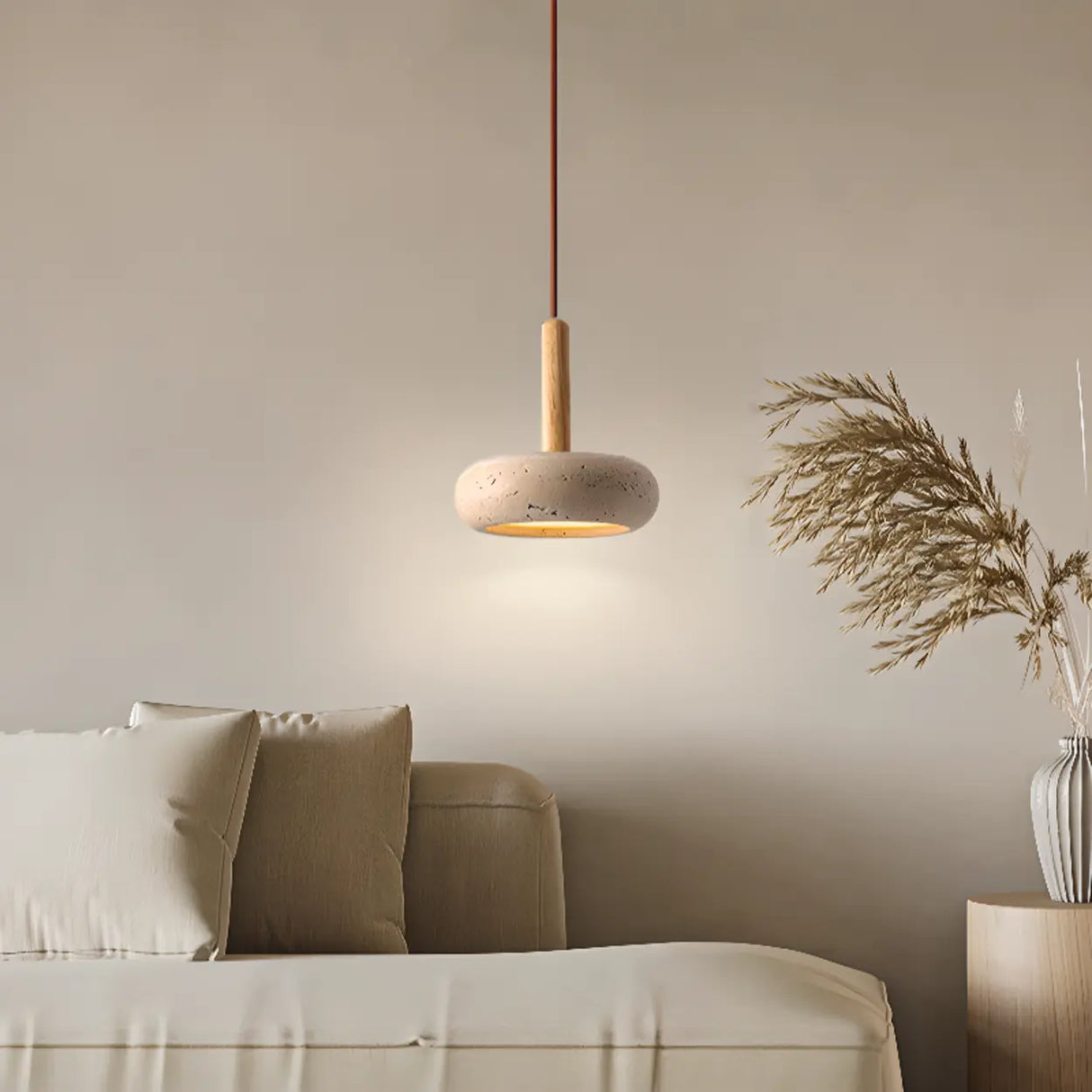 Rusti Natural Finish Sintered Stone Drum Pendant Light Image - 4