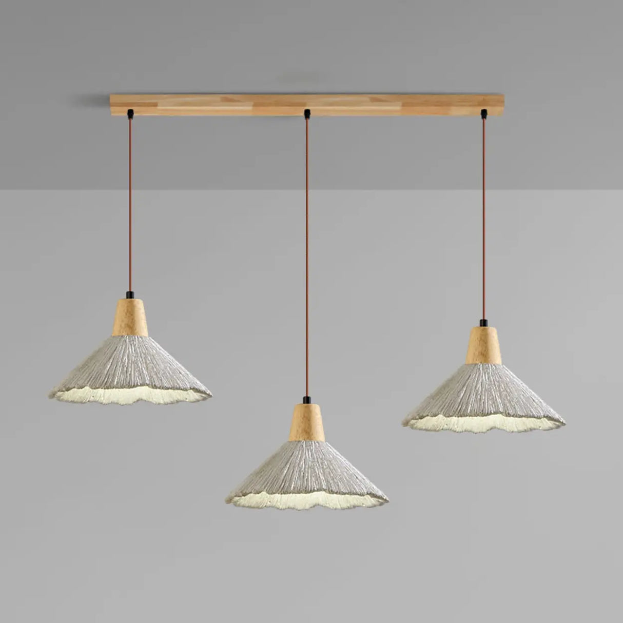 Rustic 3-Light Gray Cone Wood Island Ceiling Light Image - 3