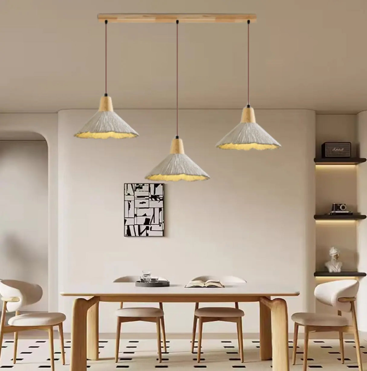 Rustic 3-Light Gray Cone Wood Island Ceiling Light Image - 6