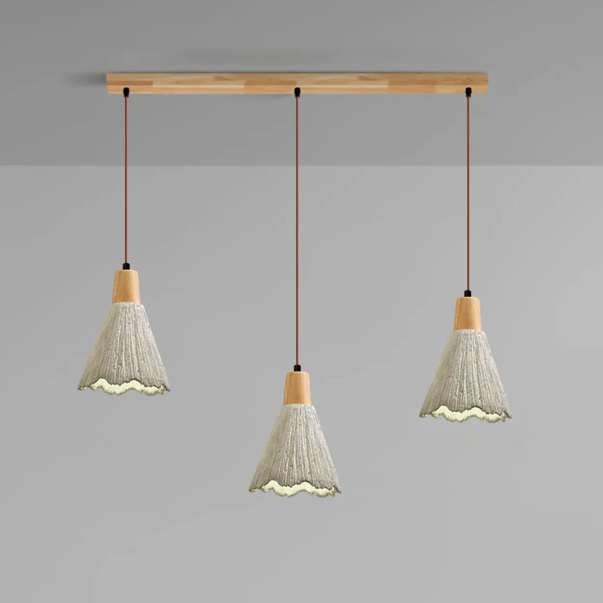 Rustic 3-Light Gray Cone Wood Island Ceiling Light Image - 7
