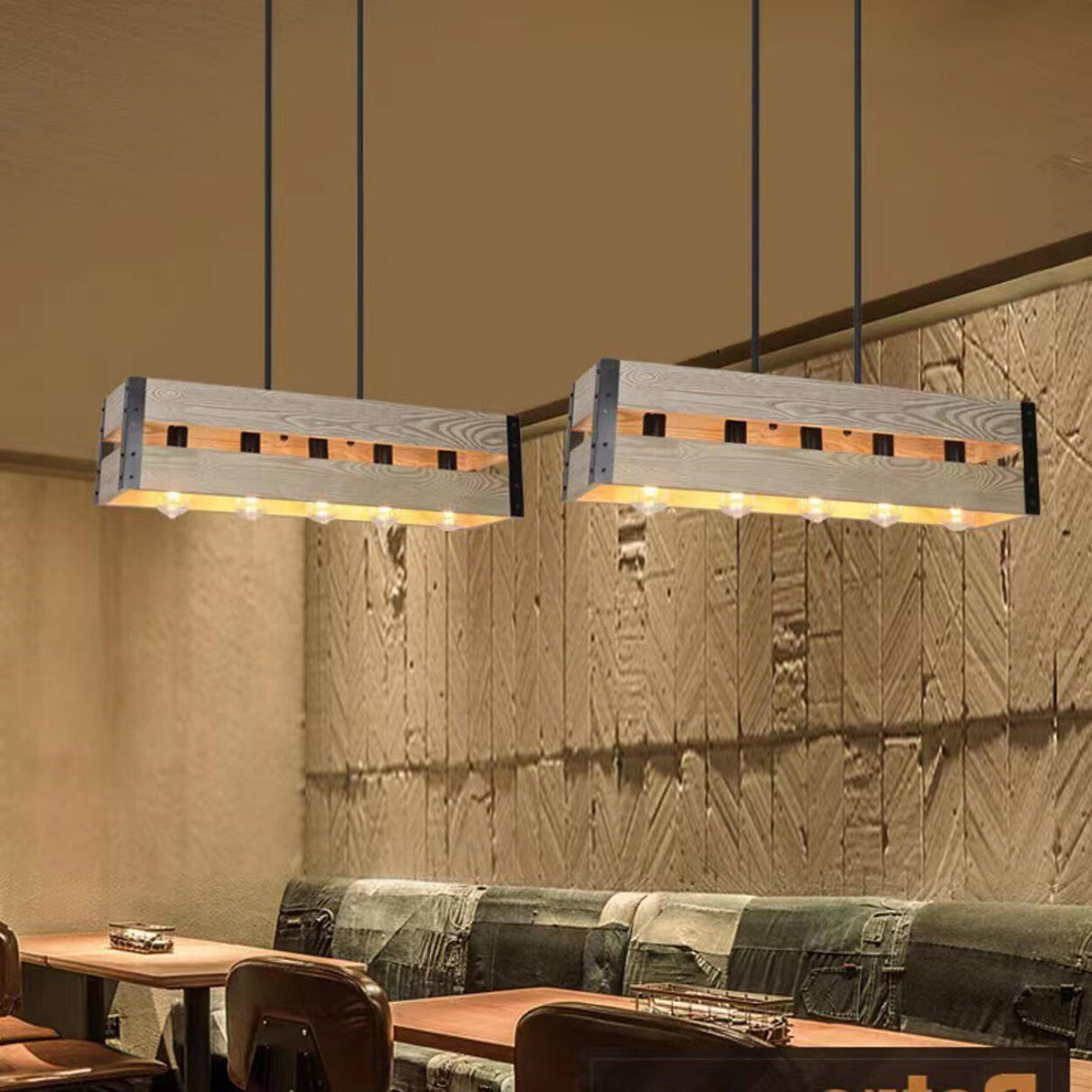 Rustic 5-Light Wooden Rectangular Island Hanging Light Image - 4