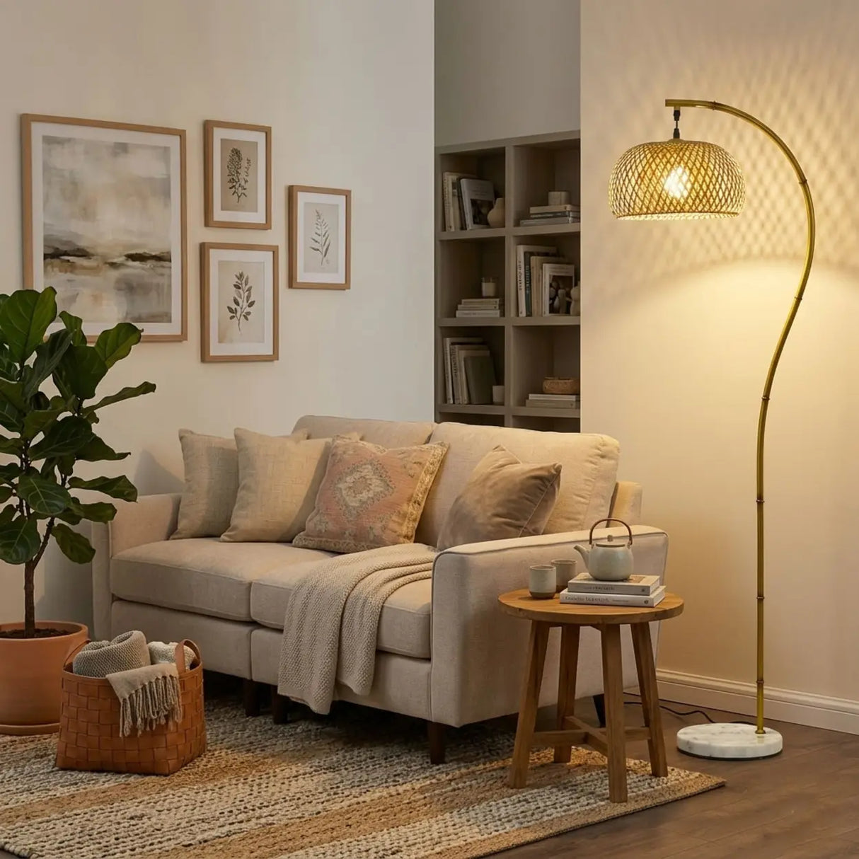 Rustic Arched Weaving Bamboo Foot Switch Floor Lamp Image - 2