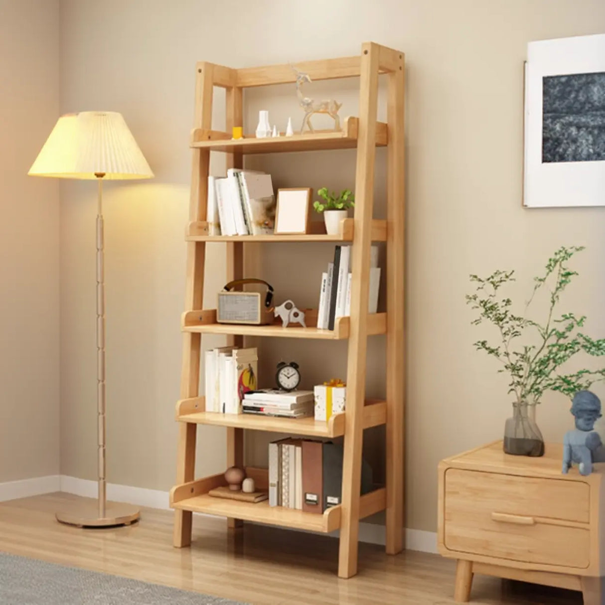 Rustic Ash Wood Simple Ladder Open Back Bookshelf Image - 1