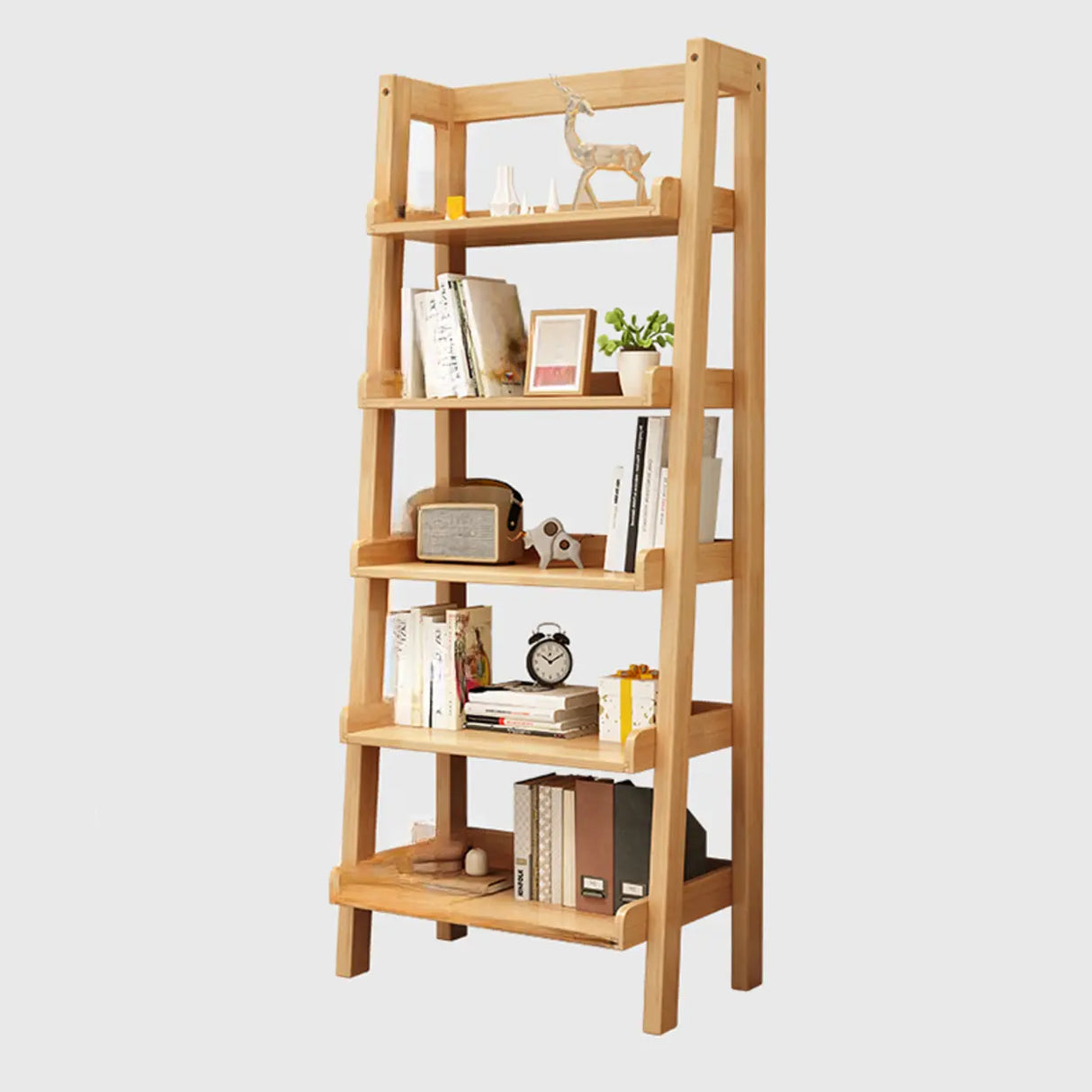 Rustic Ash Wood Simple Ladder Open Back Bookshelf Image - 3