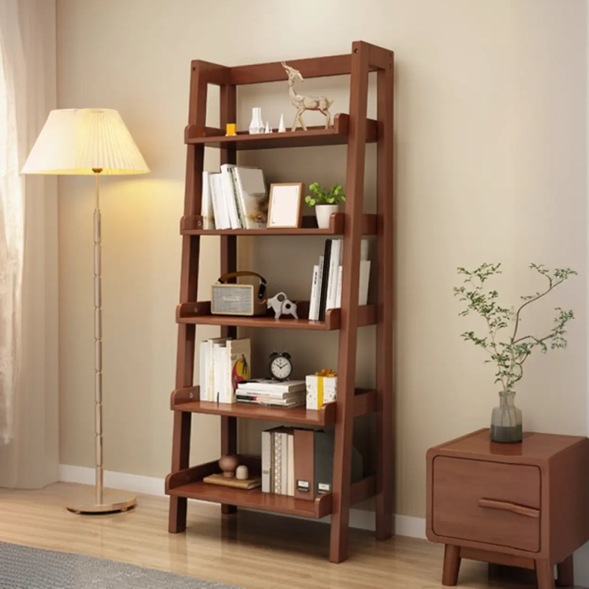 Rustic Ash Wood Simple Ladder Open Back Bookshelf Image - 4