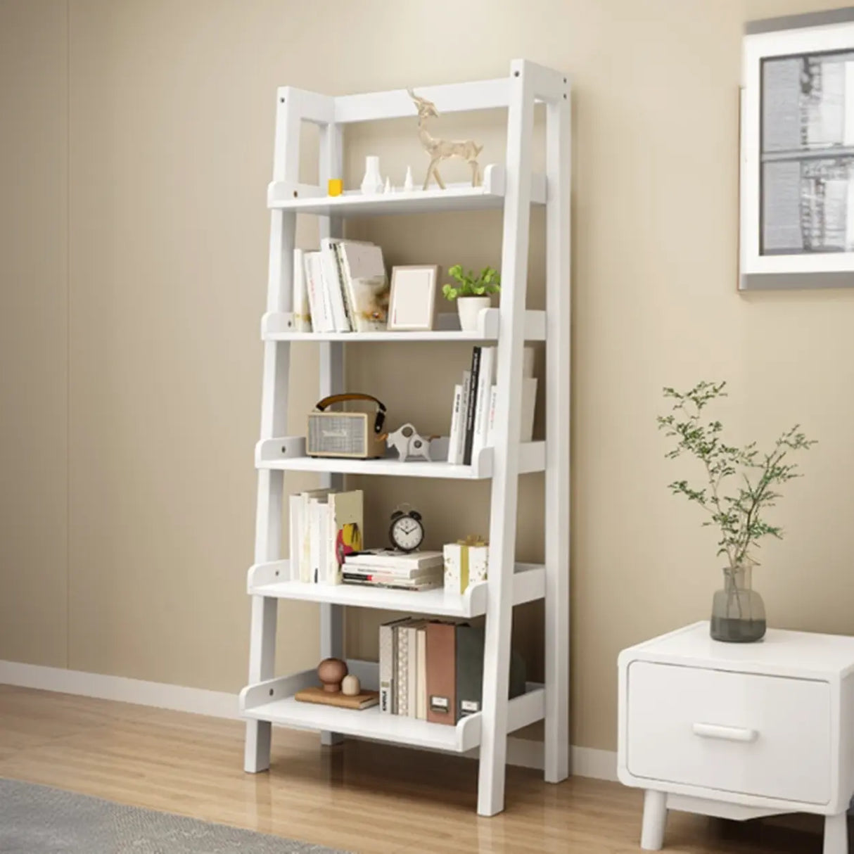 Rustic Ash Wood Simple Ladder Open Back Bookshelf Image - 5