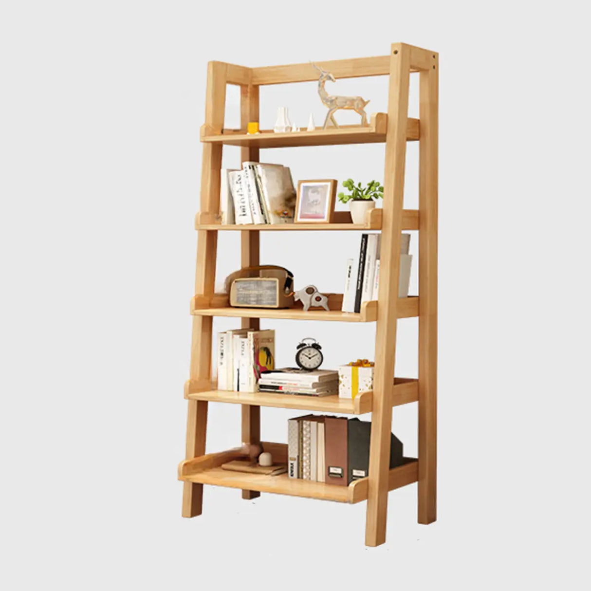 Rustic Ash Wood Simple Ladder Open Back Bookshelf Image - 6
