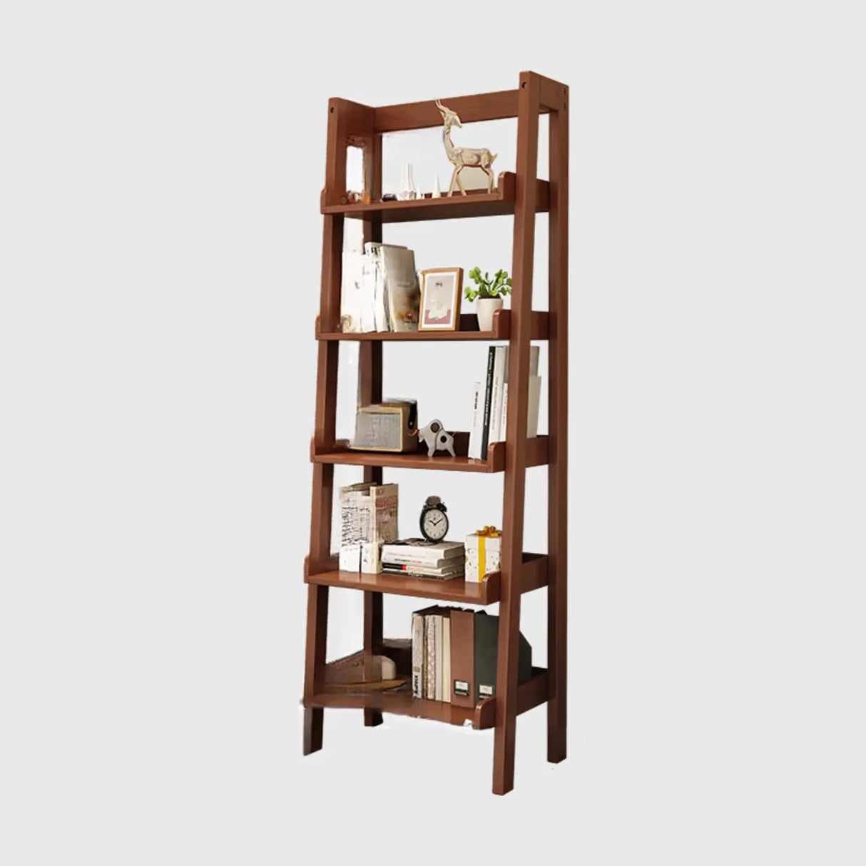 Rustic Ash Wood Simple Ladder Open Back Bookshelf Image - 7