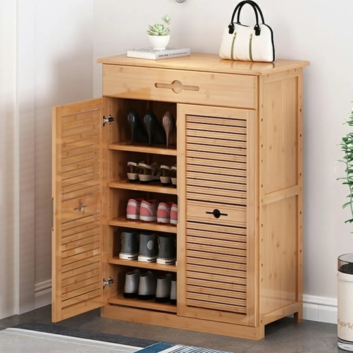 Rustic Bamboo Adjustable Hallway Brown Medium Shoe Storage Image - 24