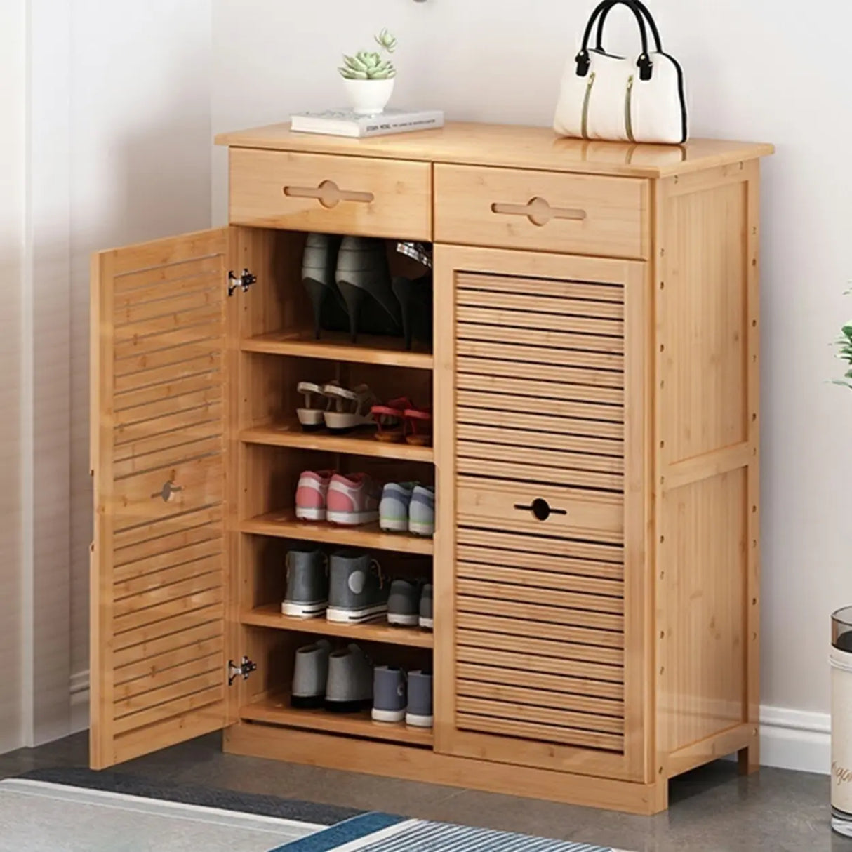 Rustic Bamboo Adjustable Hallway Brown Medium Shoe Storage Image - 25