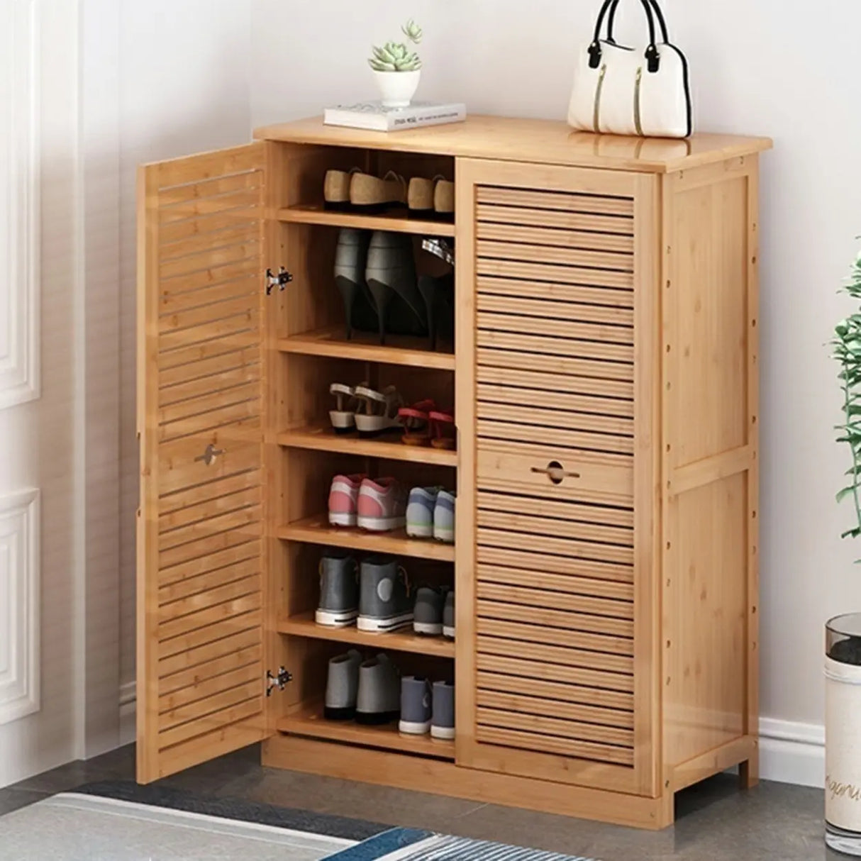 Rustic Bamboo Adjustable Hallway Brown Medium Shoe Storage Image - 3