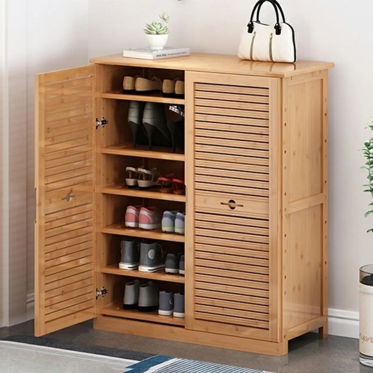 Rustic Bamboo Adjustable Hallway Brown Medium Shoe Storage Image - 6