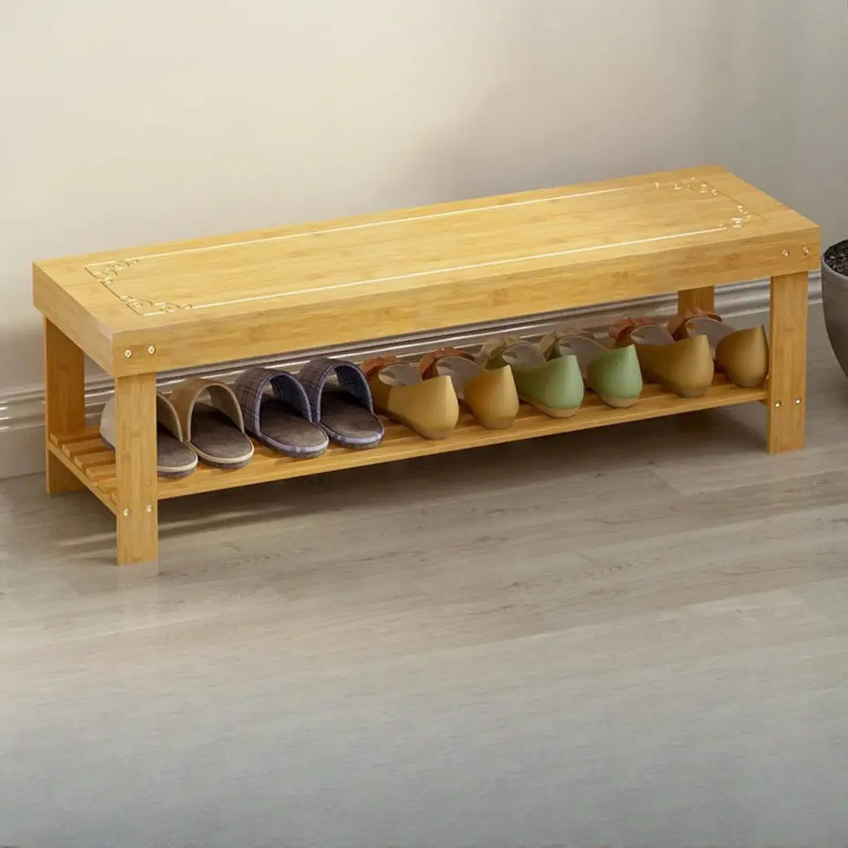 Rustic Bamboo Wood Shoe Storage Bench Rack Entryway Image - 10