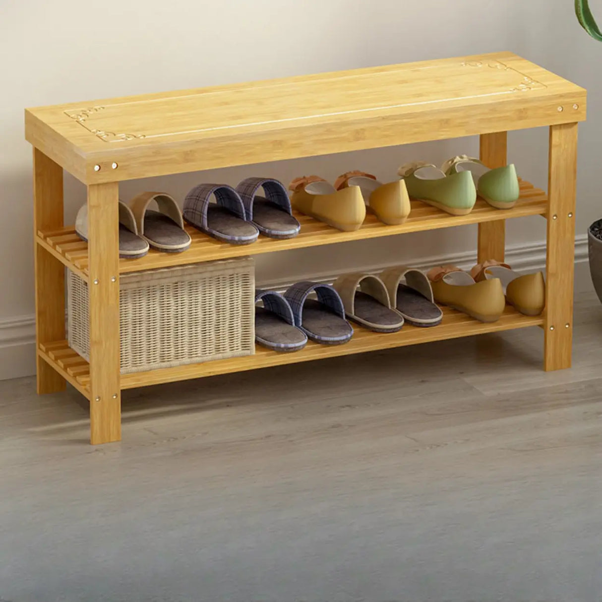 Rustic Bamboo Wood Shoe Storage Bench Rack Entryway Image - 11