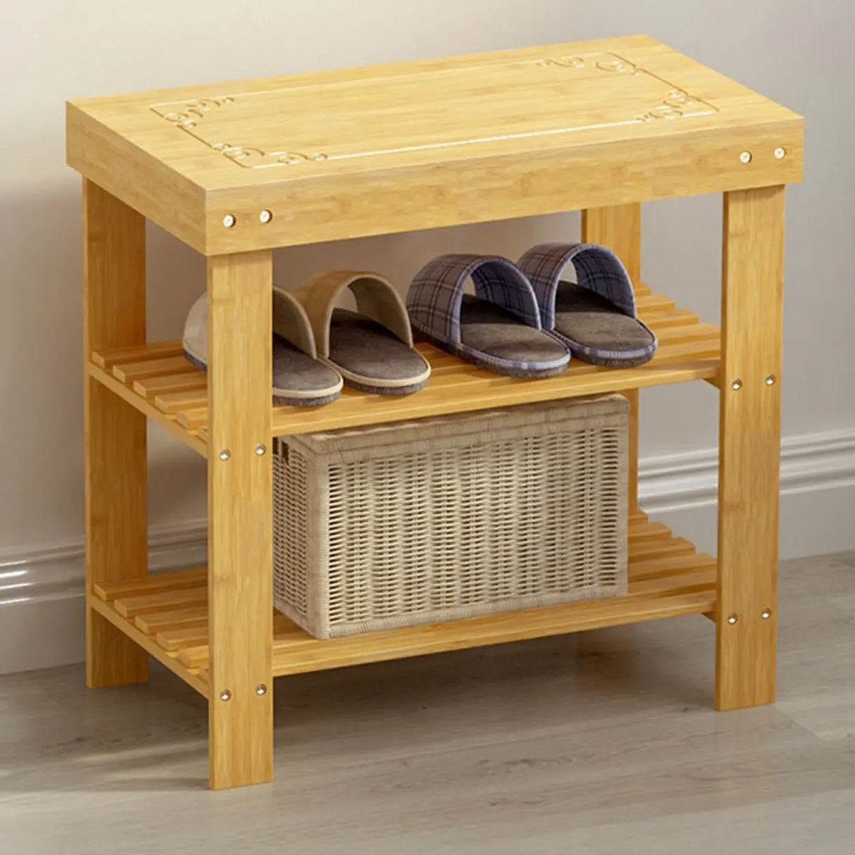 Rustic Bamboo Wood Shoe Storage Bench Rack Entryway Image - 12
