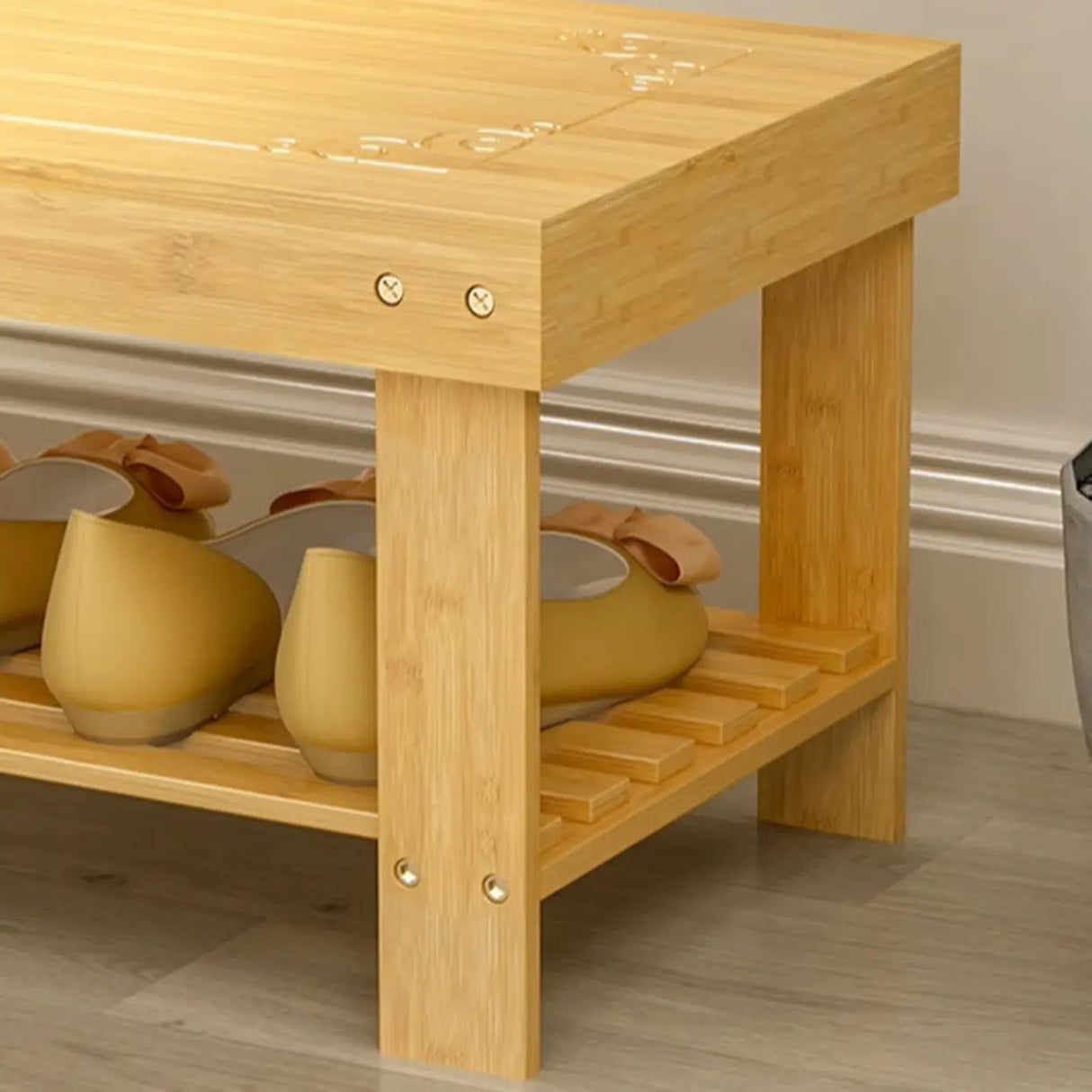 Rustic Bamboo Wood Shoe Storage Bench Rack Entryway Image - 14