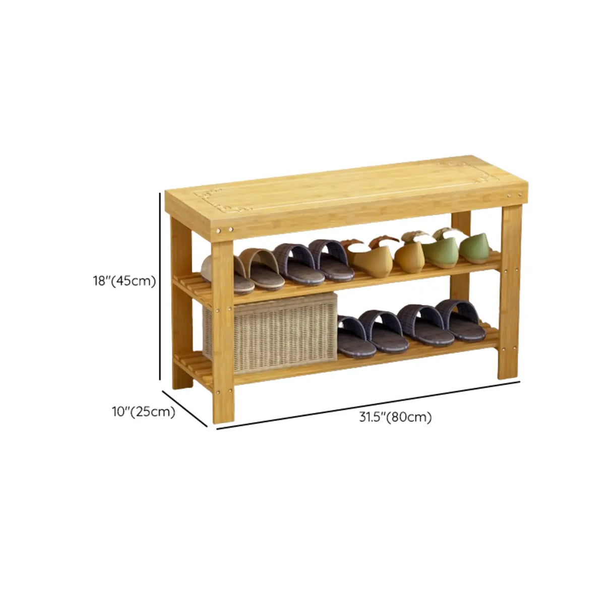 Rustic Bamboo Wood Shoe Storage Bench Rack Entryway Image - 16