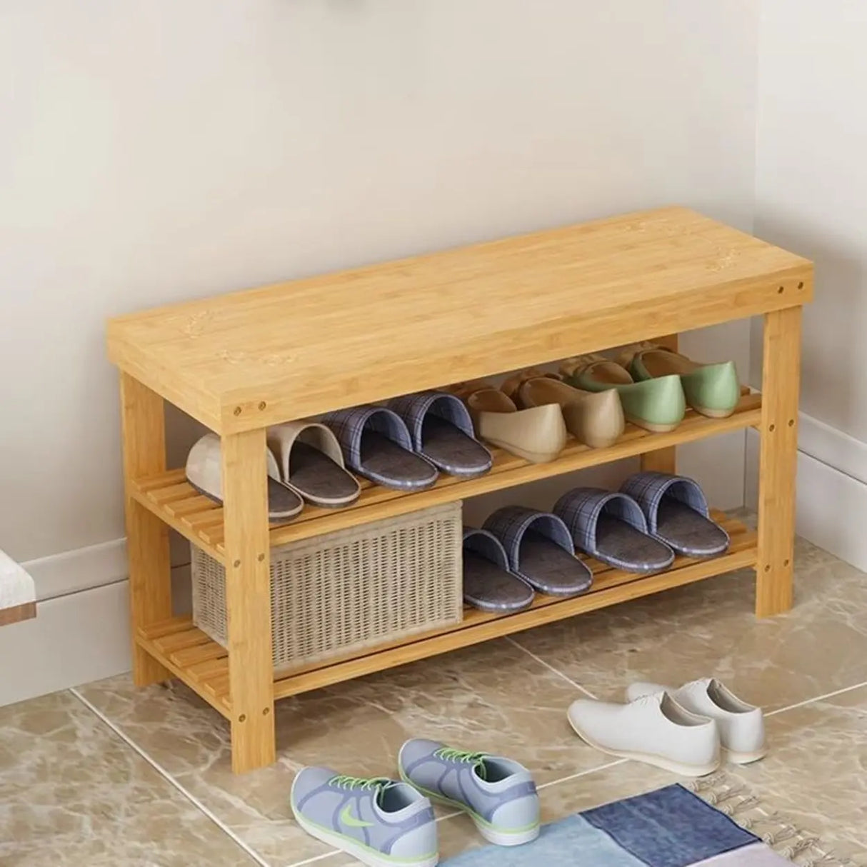 Rustic Bamboo Wood Shoe Storage Bench Rack Entryway Image - 1