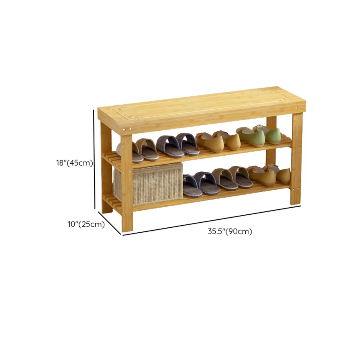 Rustic Bamboo Wood Shoe Storage Bench Rack Entryway Image - 24