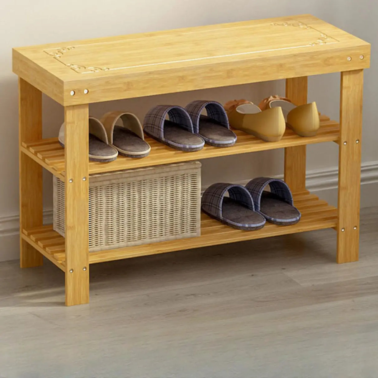 Rustic Bamboo Wood Shoe Storage Bench Rack Entryway Image - 3