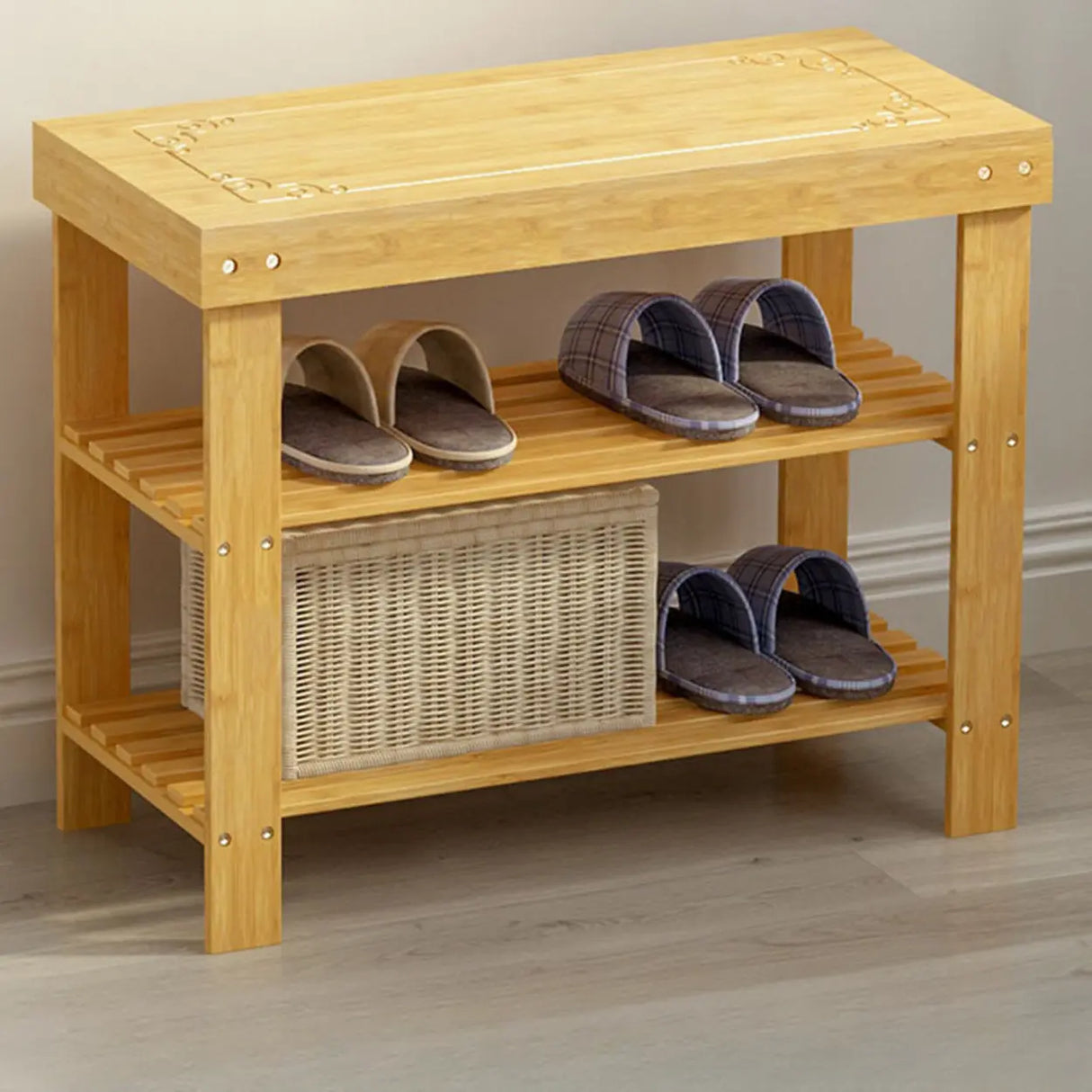 Rustic Bamboo Wood Shoe Storage Bench Rack Entryway Image - 4